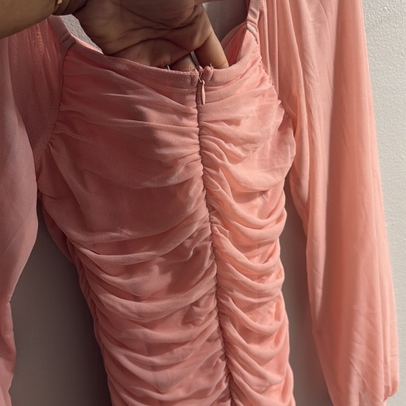 Pink Ruched Bodycon Dress with Bishop Sleeves - Picture 5 of 6